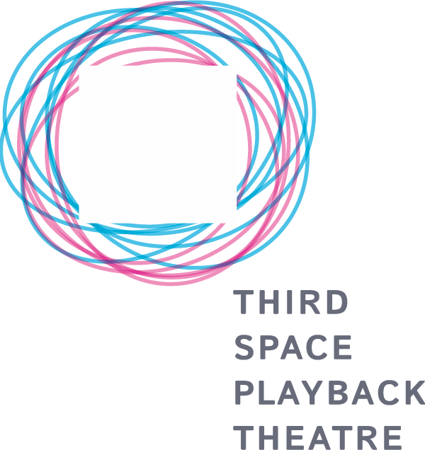 Third Space Playback Theatre Logo - it shows blue and pink circles overlapping several times, with a cut out of a square showin in negative space in the center, along with the words 'Third Space Playback Theatre'